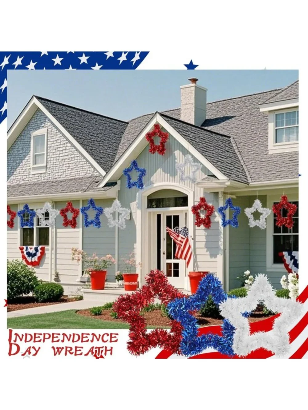 Patriotic 4th of July Wreath for Front Door - 12 Pcs Star Tinsel Decor
